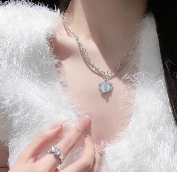 Elegant Blue Heart Charm Necklace – Dual Chain Design